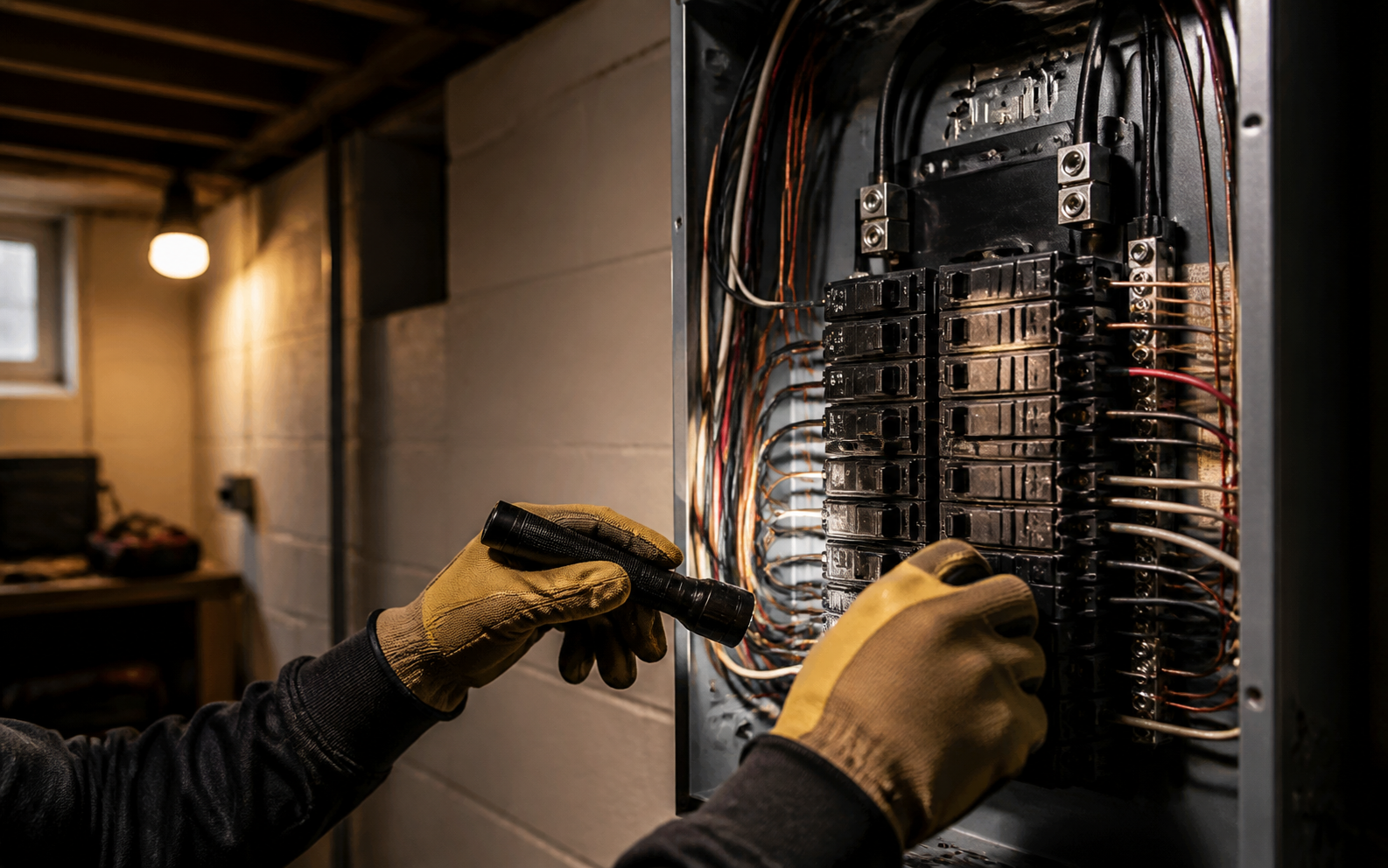 Gloved hands inspecting a residential electrical panel